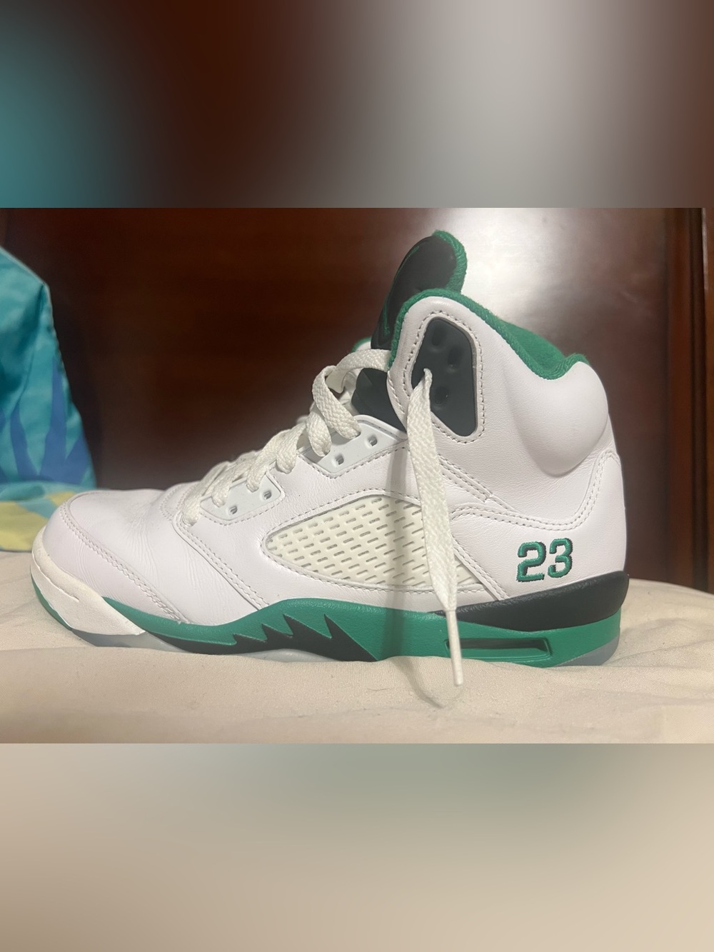 Jordan White and Green Retro 23 High-Top Basketball Sneakers